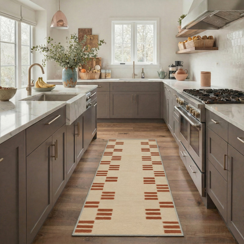 Mondrian Modern Block Stripes Machine Washable Sandstone Indoor Area Rug With Non-Slip Backing, Runner 2'6" x 8'