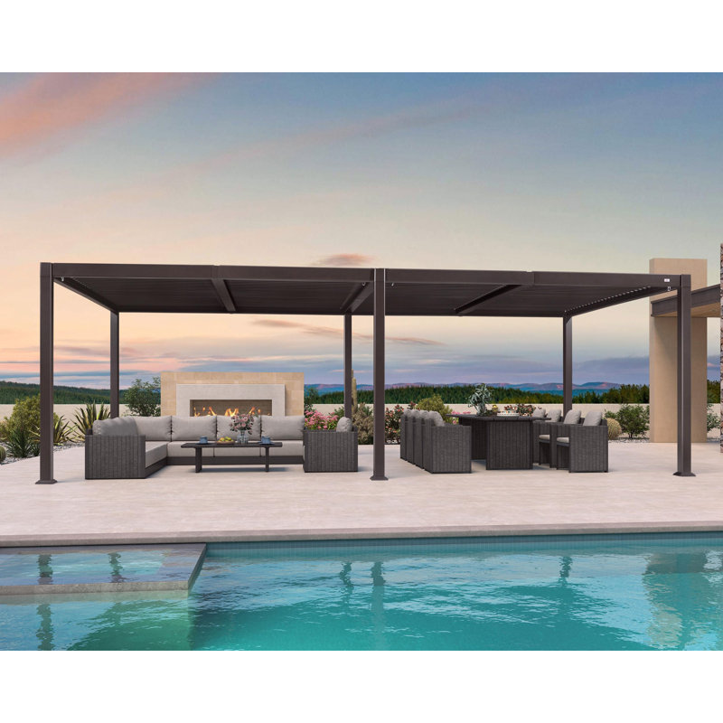 Pergola mauve d'extérieur à abat-jour ajustable à motif persien 11 'x 23' avec toit escamotable pour terrasse, Brun