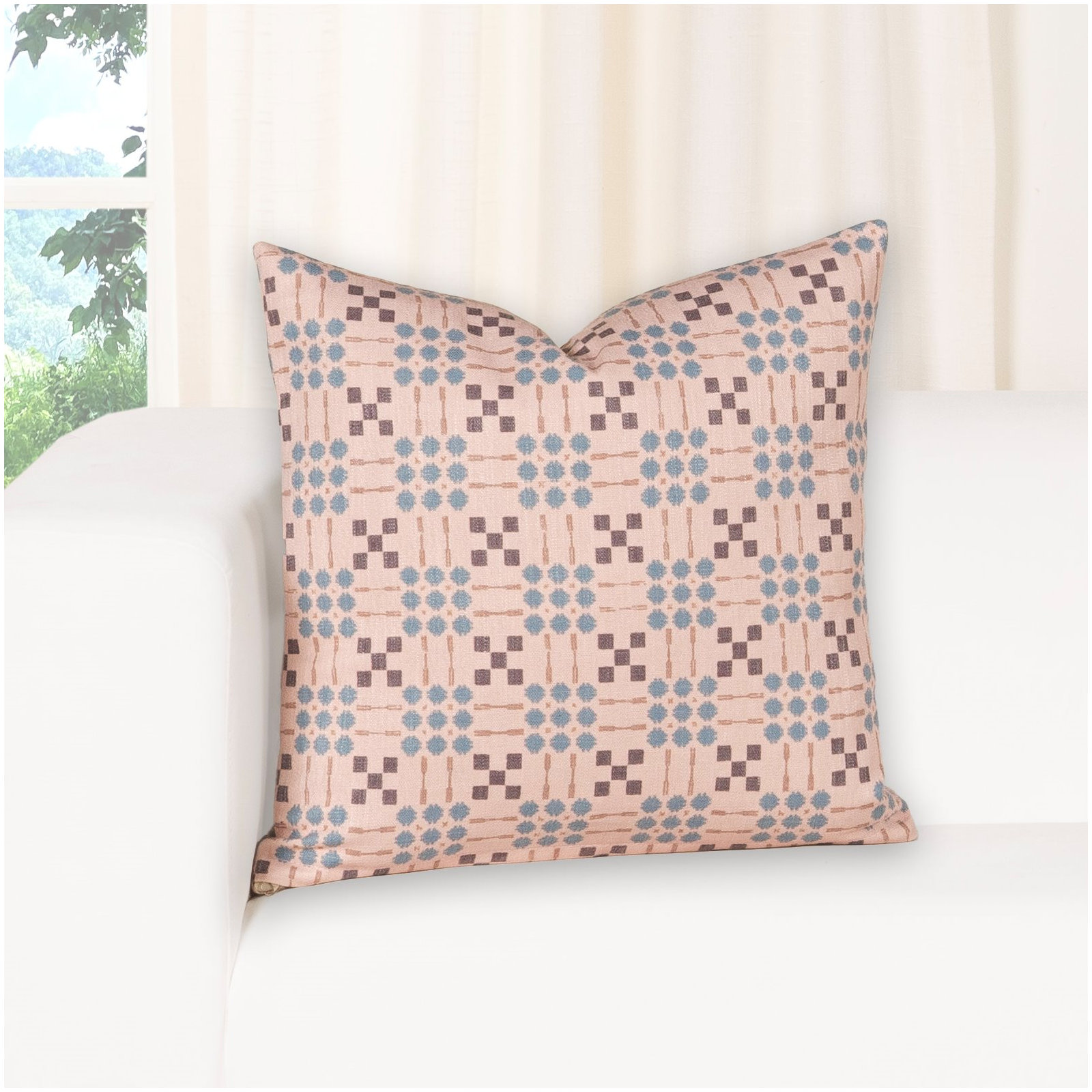 Gridwork Geometric Accent Pillow, Feather, Pink, Square 26"