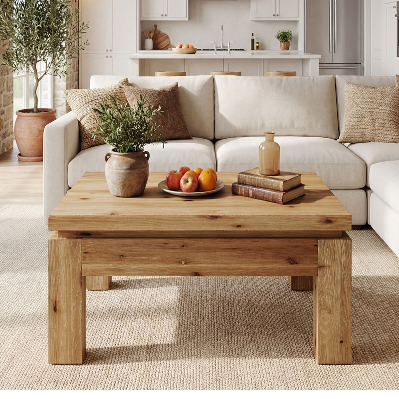 Table basse 31,5 "carrée en bois massif pour le salon, brun rustique