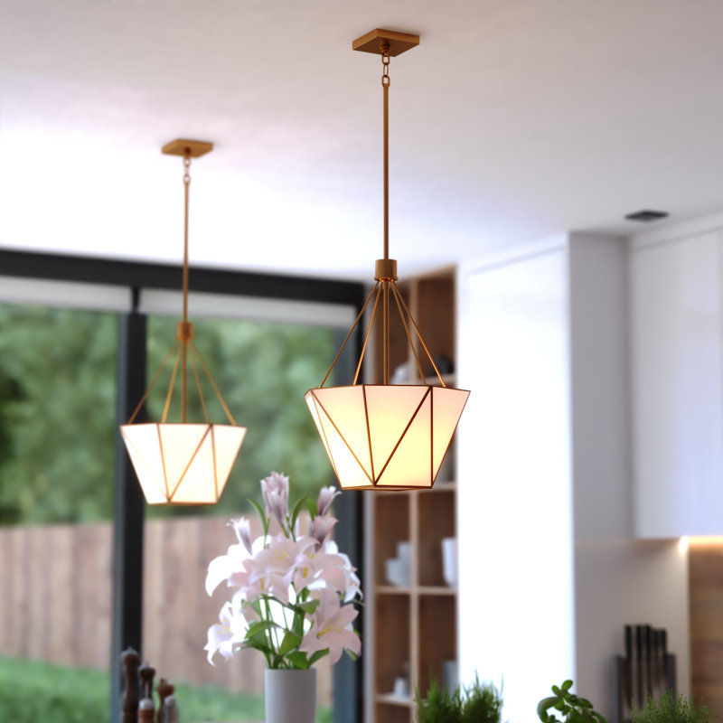 Burnett 3-Light 15.75 In. Wide Muted Brass Mid-Century Modern Cone Pendant With White Opal Tiffany Glass Shade, Adjustable Height, Hanging Ceiling Fixture For Dining Table Bedroom Island Foyer