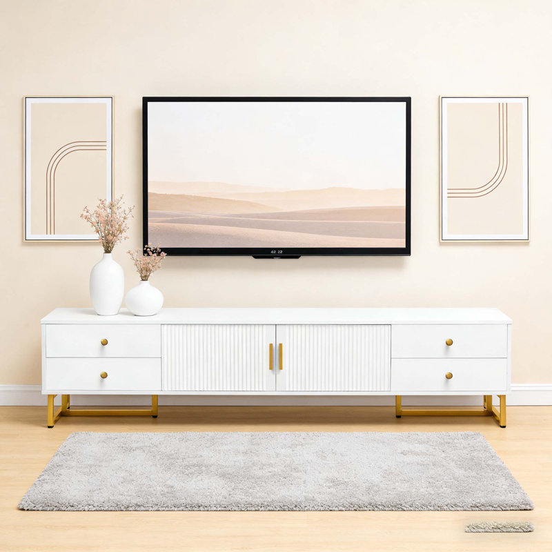 Meuble télé moderne pour téléviseur de 65 pouces et plus, centre de divertissement avec rangement et conception élégante à rainures ondulées