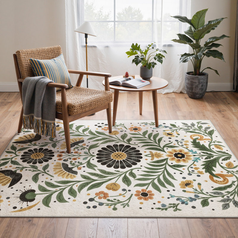 Clermont Vintage Boho Floral Sage Ochre Machine Washable Area Rug, Rectangle 5' x 7', Beige / Sage Green