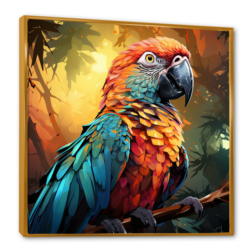 «Orange and Blue Jungle Parrot Paradise I», art mural perroquet, Cadre flottant doré, H 16 po x l 16 po x P 1 po