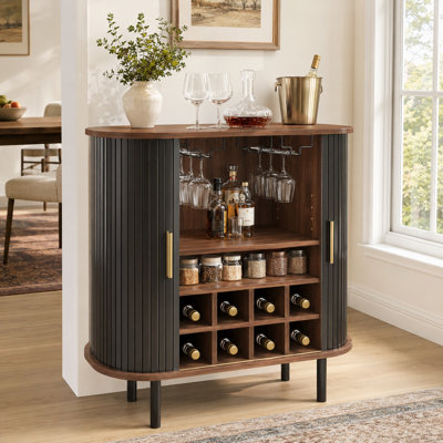 28" Fluted Wine Bar Cabinet with Sliding Tambour Doors, 8-Bottle Wine Rack, Glass Holders & Adjustable Shelves, Modern Buffet Sideboard Cabinet for Dining Room, Kitchen, Living Room