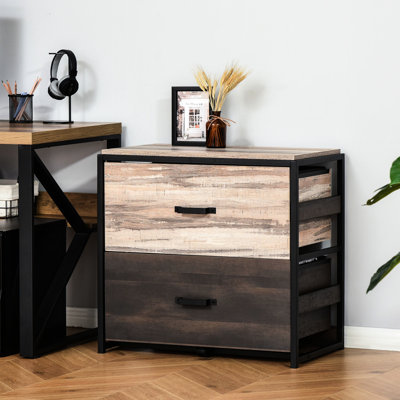 Classeur de bureau avec 2 grands tiroirs, barres en métal réglables, format A4, lettre, papiers de format légal, armoire de bureau brune / noire, tiroirs en bois, brun / noir, décor industriel
