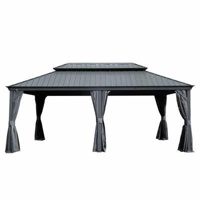 Abri de jardin à toit rigide 12 X 18, abri de jardin en métal avec système de drainage, toit en acier galvanisé à double couche, rideau et filet, auvent d'abri