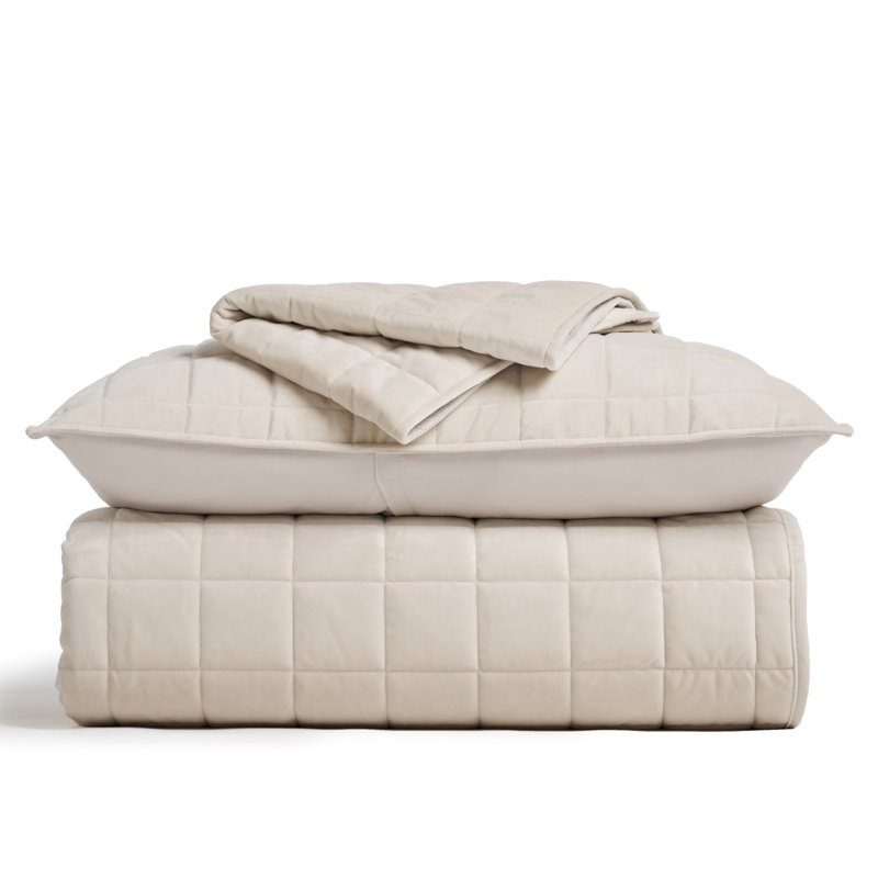 Box Stitch PearlVelvet Quilt set, King Quilt + 2 King Shams, Birch