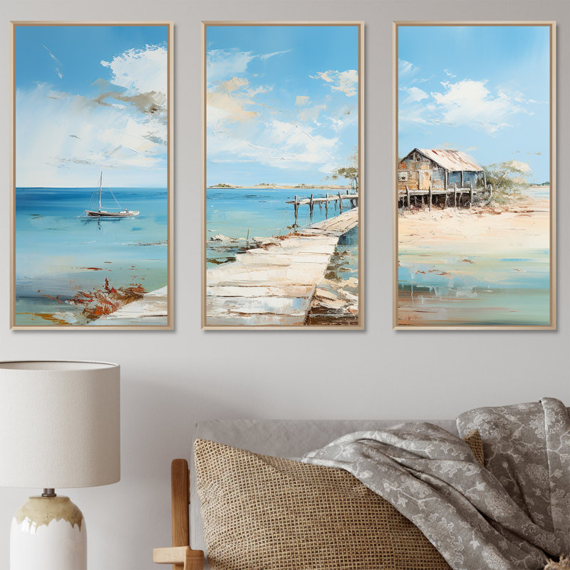 «Coastal Pier Minimalisme Charm» - ensemble de reproduction d'art mural, Cadre naturel flottant, H 32 po x l 48 po x P 1 po