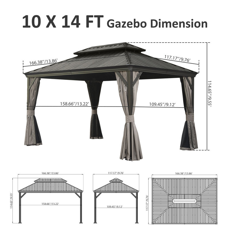 Gazebo à toit rigide 3 x 4,25 m - Toit double en acier galvanisé et structure en aluminium, 10 x 14 pi