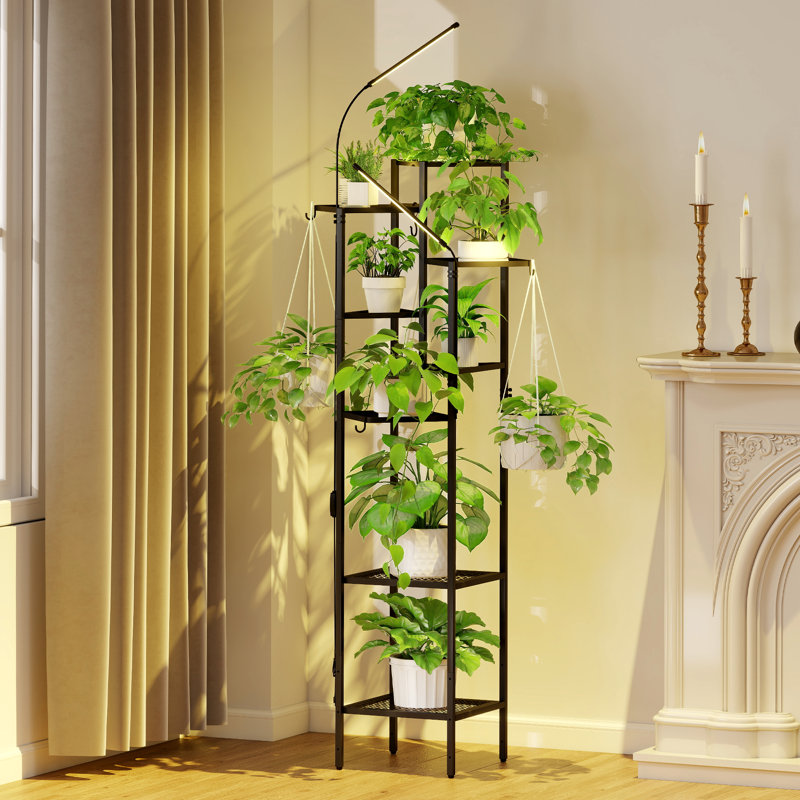 Support pour plante d'intérieur avec lumière de croissance, étagère à plante en métal à 8 niveaux avec crochet pour panier suspendu, support de fleurs haut pour plusieurs plantes