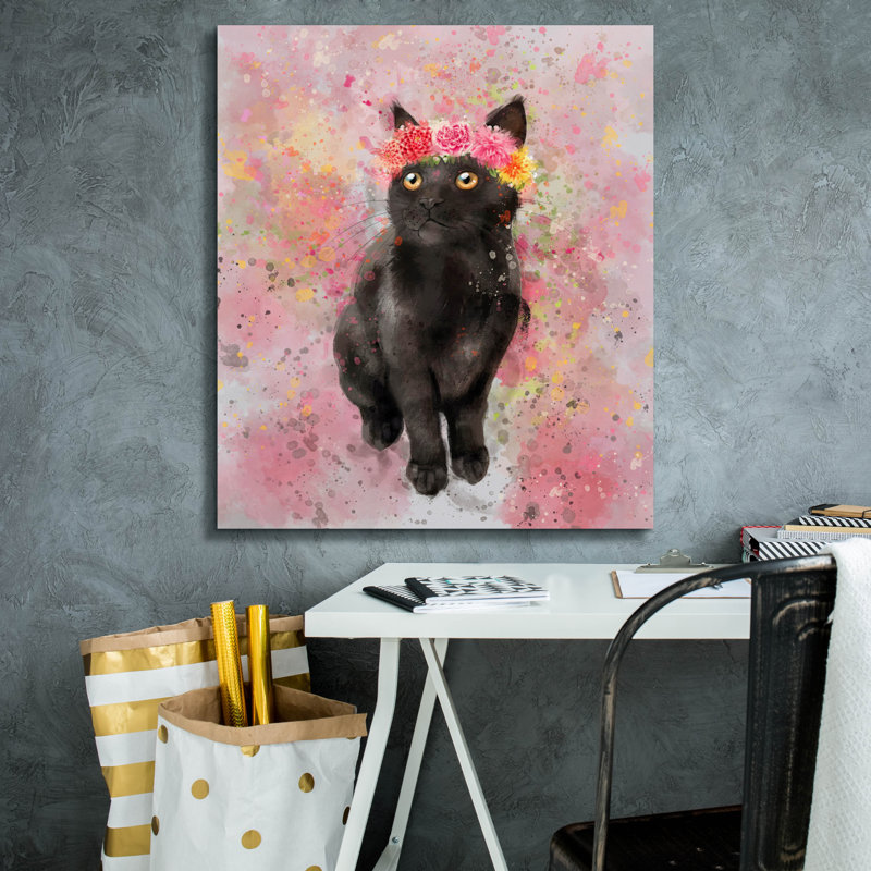«Flower Crown Black Cat 2» par Furbaby Affiliates, art mural sur toile, H 30 po x l 26 po x P 1,5 po