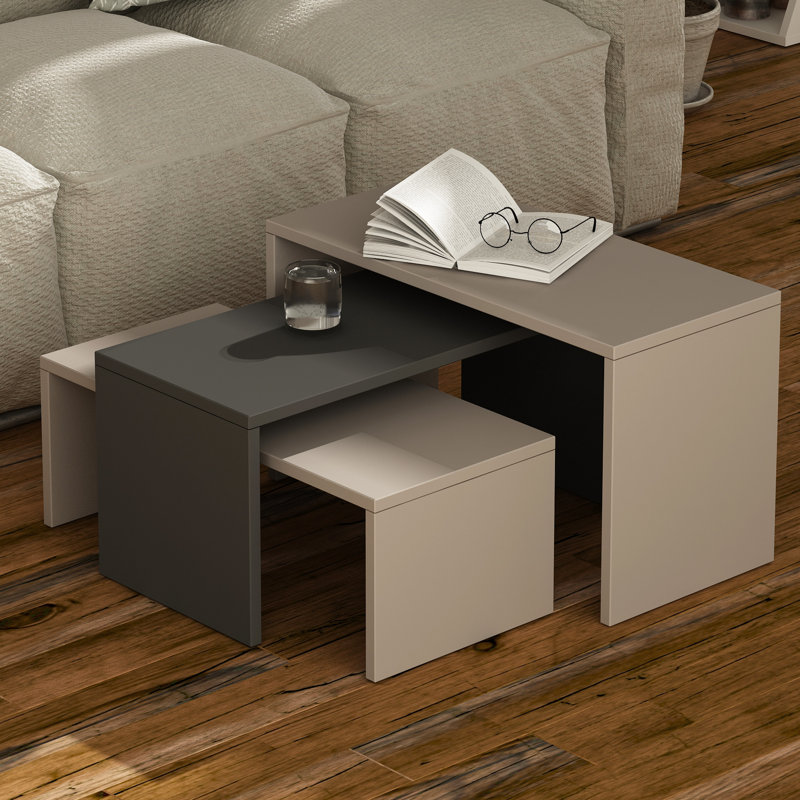 Paris 3 Piece Nest of Coffee Tables Set, Light Mocha/Anthracite