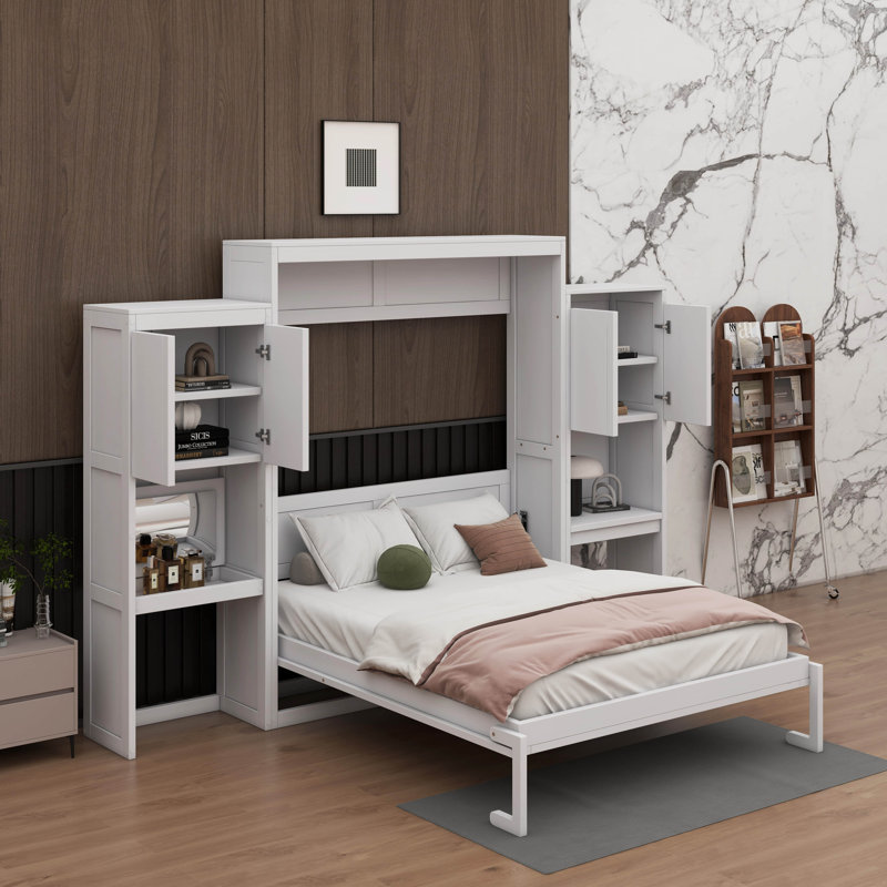 Grand lit escamotable avec bureau, coiffeuse et armoires, Blanc
