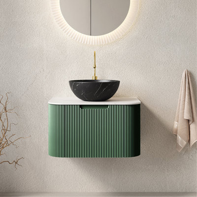 Meuble-lavabo et lavabo pour salle de bain 24 po avec tiroir, cuve en céramique et verre fritté noir pré-assemblé, pré-assemblé, de couleur vert foncé