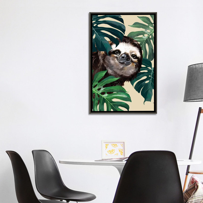 Sloth furtif avec monstera, H 24 po x l 16 po x P 1 po, Papier avec cadre noir