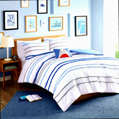 Vibrant Chenille Comforter Set - Twin XL 3 Piece - Adorable Print Bedding with Matching Shams & Decorative Pillow - Cozy Blue Stripes