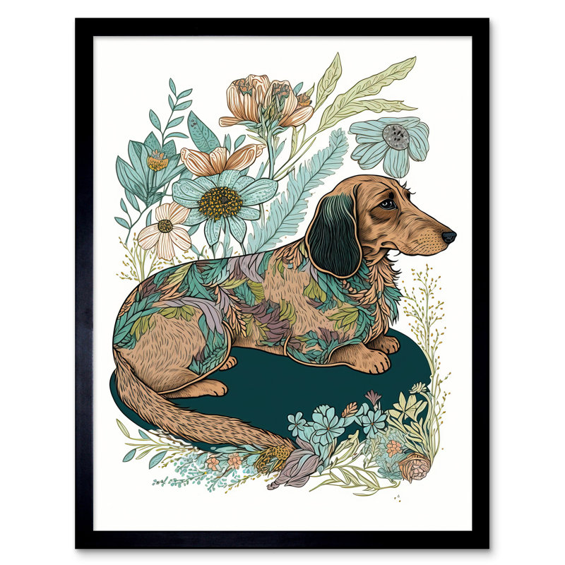 Multicoloured Fur Dachshund Dog With Spring Flowers Modern Watercolour - Single Picture Frame Print