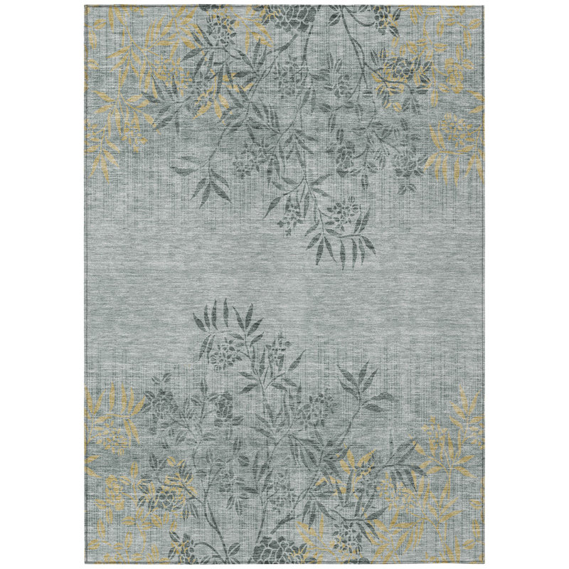 3' X 5' Gray Charcoal And Gold Floral Washable Indoor Outdoor Area Rug