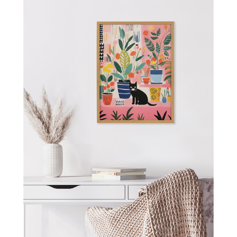 Art coloré chat et plantes, Cadre doré, H 12,65 po x l 16,65 po