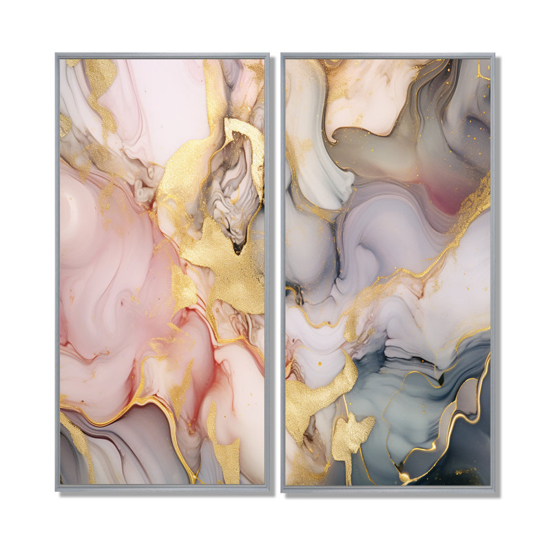 Gris et rose, art à l'encre liquide tendre I - décoration murale moderne verte, 20" H x 24" W, Silver