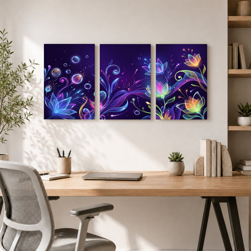 «Neon Lotus and Swirl Vines in Violet Glow», ensemble de 3 toiles murales, H 24 po x l 16 po x 3 pièces