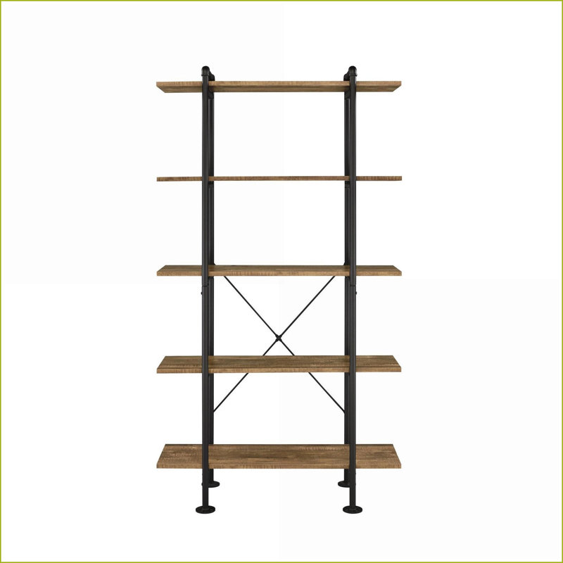 Bookshelf Industrial Rustic 5-Tier Open Shelves, Rustic Oak &amp; Black Metal | Oak | Metal, Oak/Black