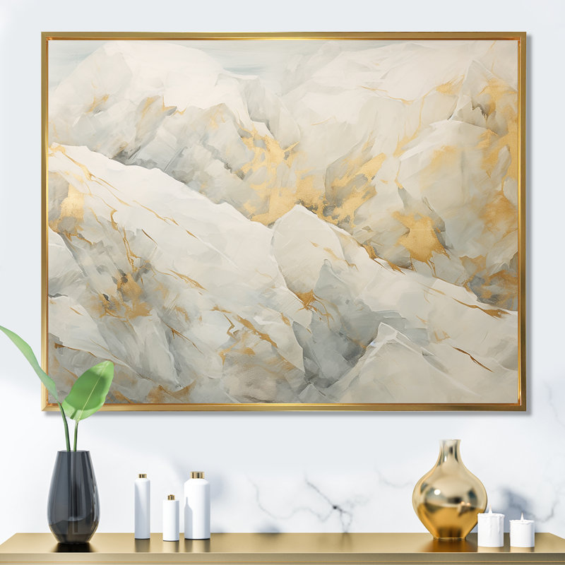 Art sur pierre de glacier beige et doré II - reproductions d'art abstrait, Cadre flottant doré, H 24 po x l 32 po