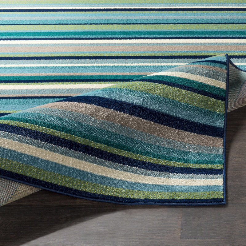 Tapis rayé bleu sarcelle / vert Bolivar, Rectangle 2 pi 2 po x 7 pi 7 po
