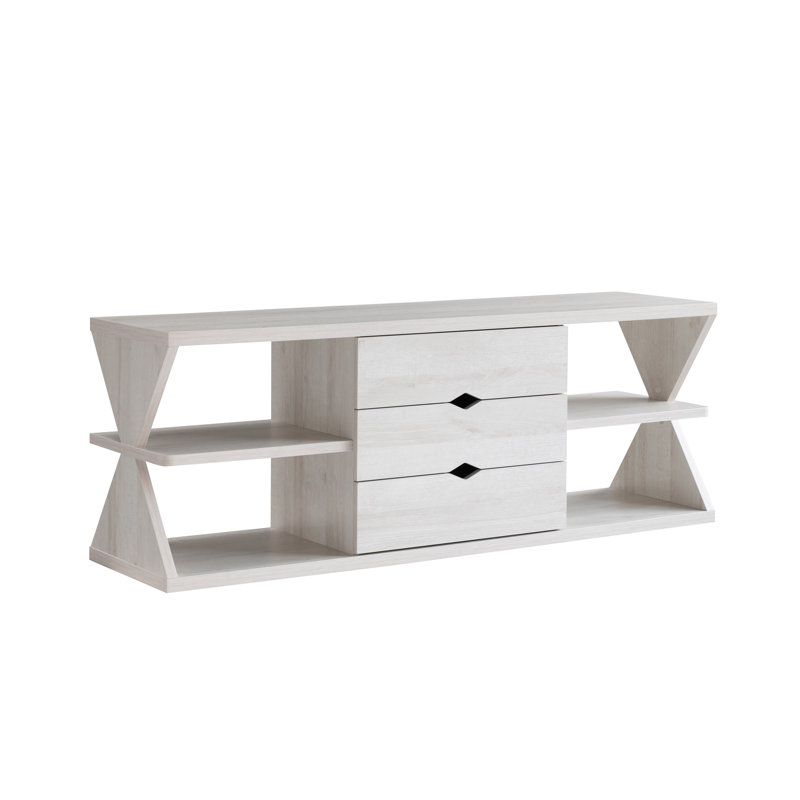 Meuble télé moderne en chêne blanc avec tiroirs de rangement et tablettes ouvertes | Idée de cadeau