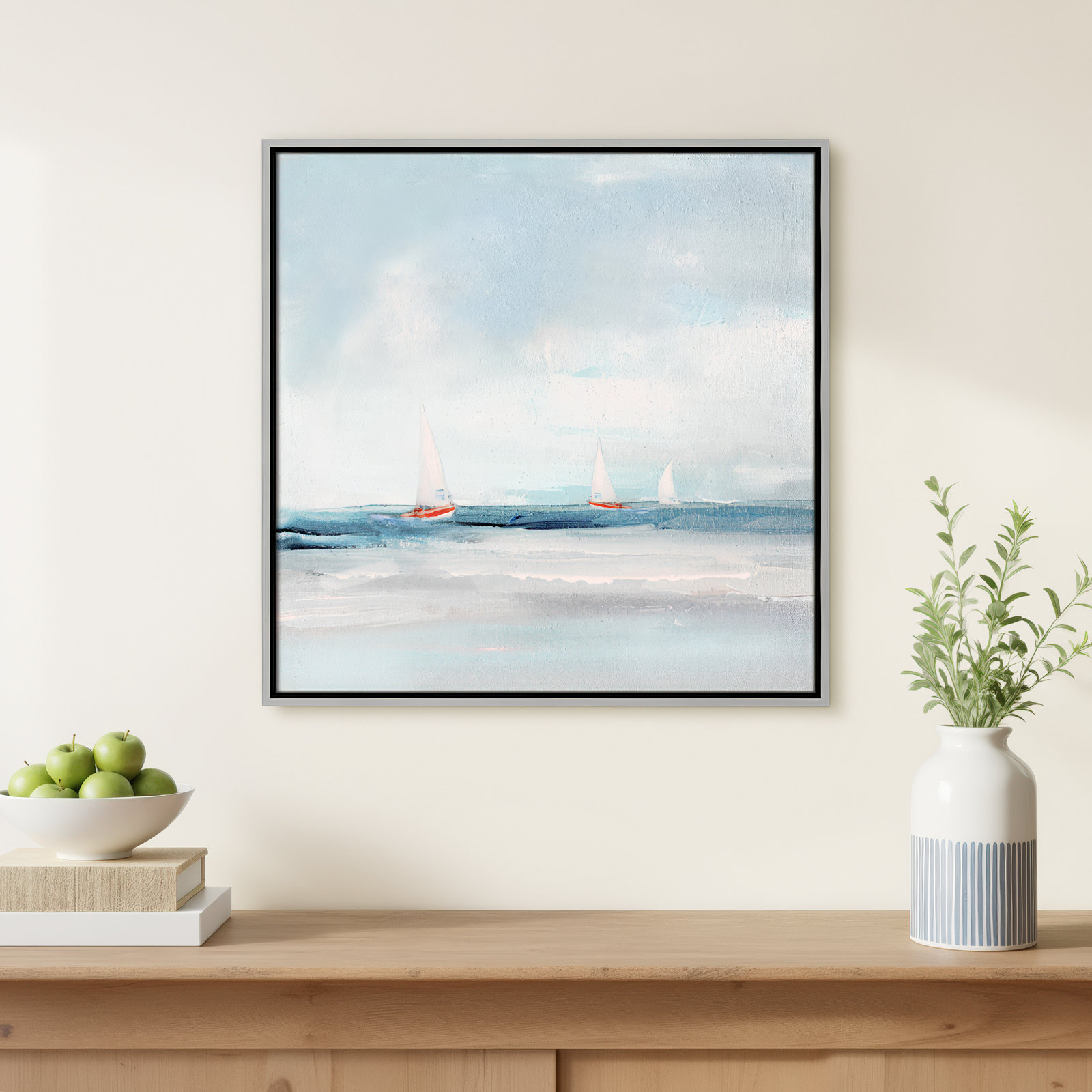 Charter "Caribbean Sail" Painting by Sally Swatland, 25.5" H x 25.5" W x 2" D, Silver