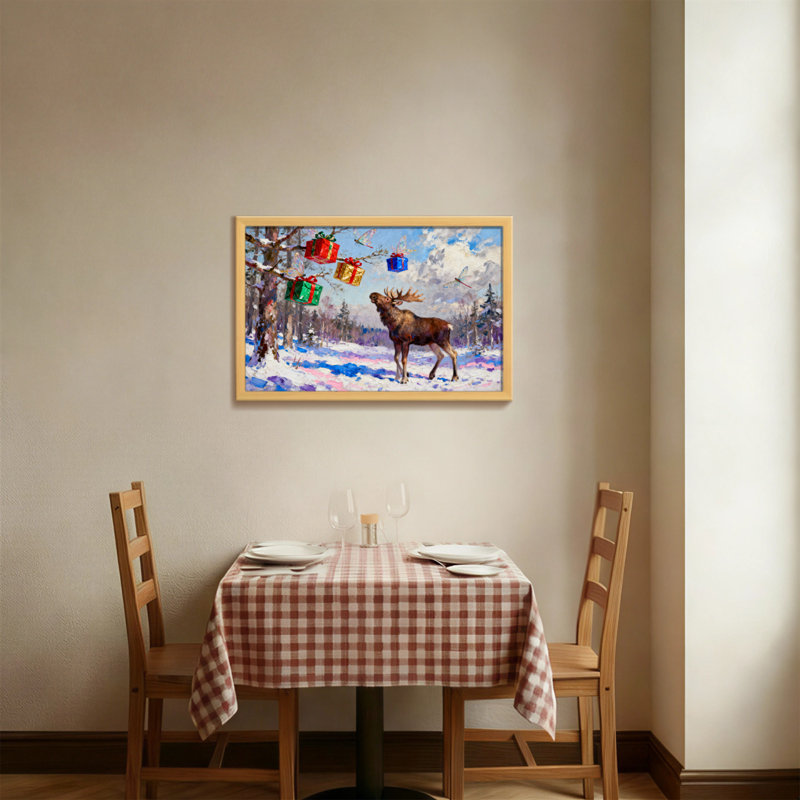 Orignal de Noël dans la forêt avec cadeaux, H 12 po x l 18 po