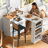 Kitchen Island On Wheels With Extendable Table, Led Lights, Power Outlets, 2 Fluted Glass Doors, Storage Compartment, 3 Open Shelves, White-634416171