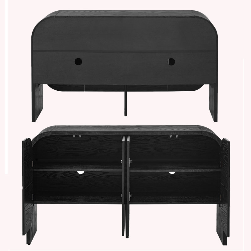 Buffet rétro à 4 portes avec bords arrondis, tablettes réglables et beaucoup de rangement, Noir