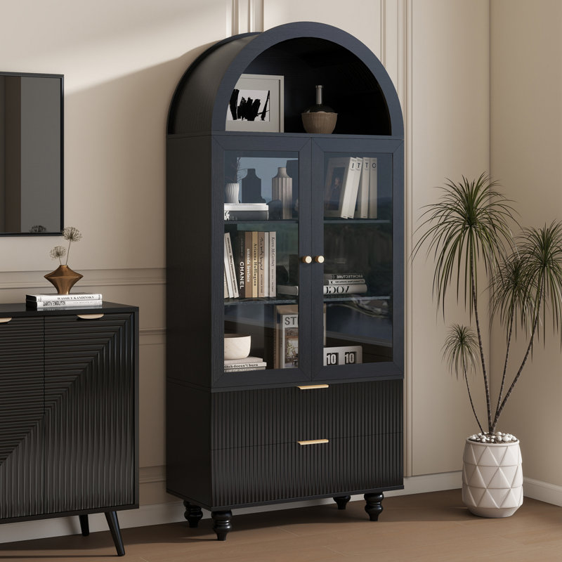 Wood Bookcase with Doors, Glass Tall Book Case, 71'' Tall Glass Display Storage Cabinet, Nature, Black