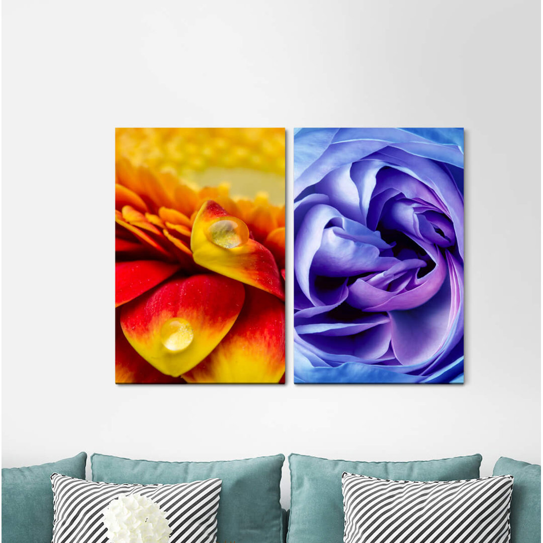 2-tlg. Leinwandbilder-Set - Grafikdruck „Water Drops Rose Blossoms Orange Violet”