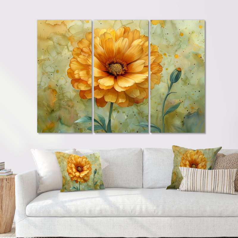 Jaune jaune vert Tender Bloom Marigold - ensemble d'art mural souci, H 28 po x l 36 po x P 1 po