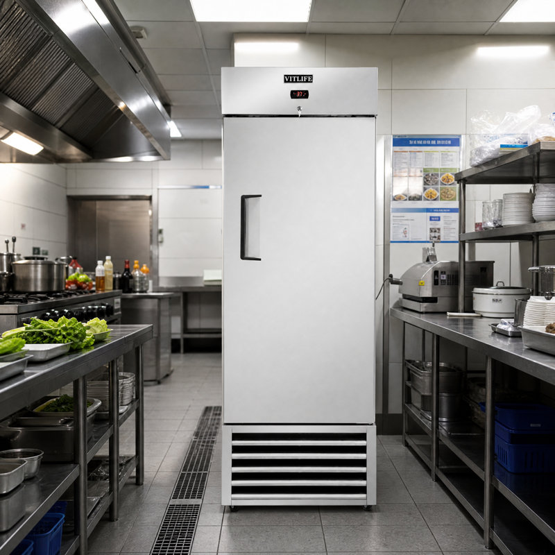 VITLIFE 27’’W Commercial Reach-in Refrigerator, Single Door, Auto-Defrost, 21cu.ft. Bottom Mounted,Stainless Steel Upright Refrigerator for Restaurant, Bar, Shop, 33°F to 41°F