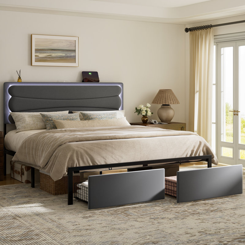Grand lit tapissier avec 2 tiroirs de rangement, lit de rangement en velours avec lumière DEL et station de charge, Grand