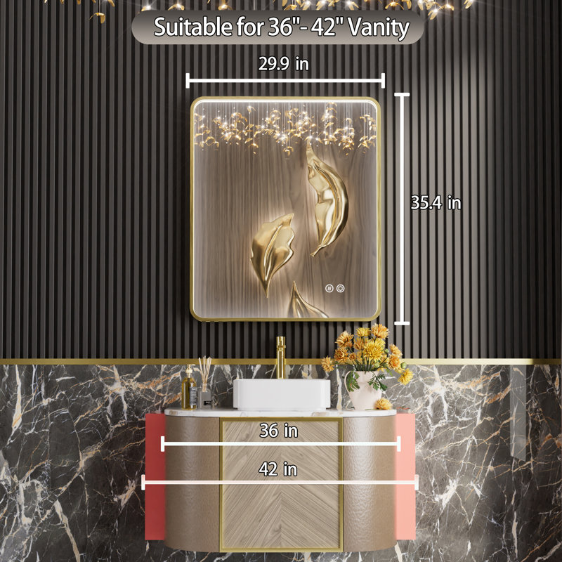 Miroir de salle de bain avec cadre en aluminium et éclairage à DEL, 36 po x 30 po, Doré