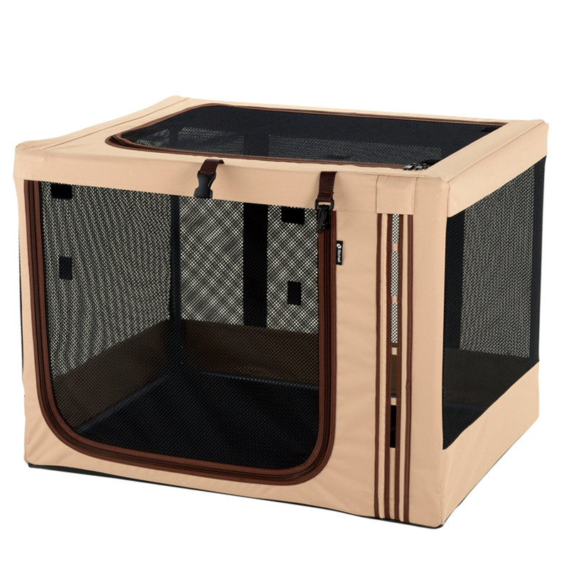 Medium Beige and Brown Foldable Travel Pet Crate