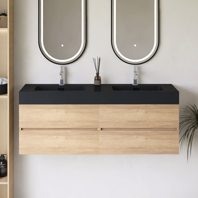 Wall-Mounted Bathroom Vanity With Integrated Solid Surface Basin
