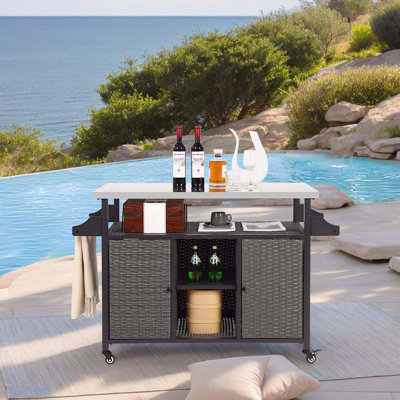 Grand chariot de bar, chariot à roulettes et armoire de rangement pour îlot de cuisine pour l'extérieur, roulettes et plateau de table allongé en acier inoxydable, poignée latérale pour chariot de patio ou de bar, gris