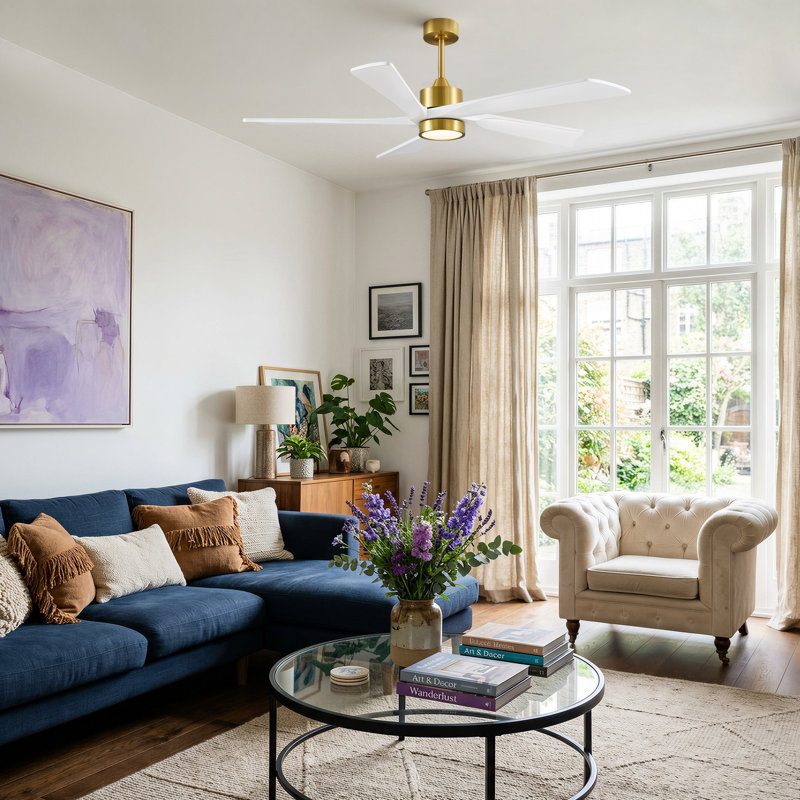 Ventilateur de plafond 5 lumières DEL transitionnel moderne en bois massif avec lumière à intensité variable et télécommande