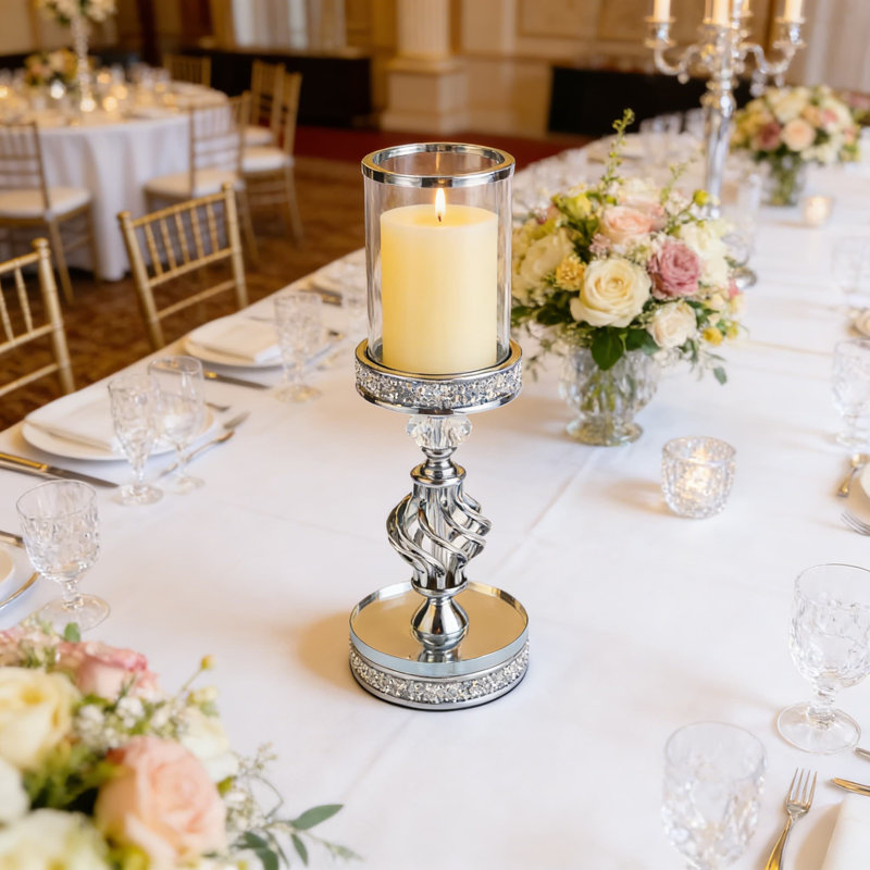 Crystal And Metal Pillar Candle Holder With Hurricane Glass Cover, Elegant Home Decor Centerpiece For Dining Table And Wedding