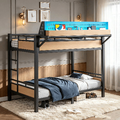 Structure de lit superposé en métal, lit superposé en métal avec tablettes de rangement. Barrière de sécurité complète et panneau perforé, cadre de lit superposé avec ports USB et lumières DEL, lit superposé en métal pour chambre à coucher