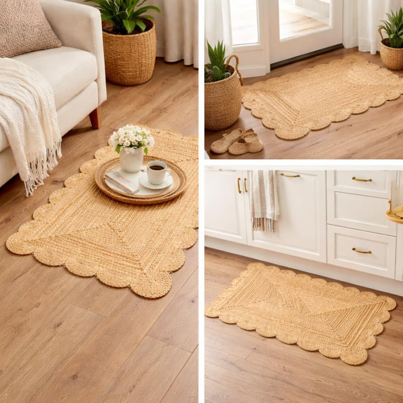 Tapis Savi Home en jute tissé à la main, bordure festonnée tressée naturelle