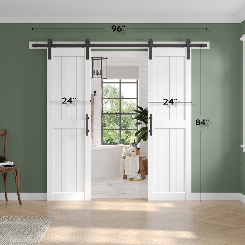 Porte de grange double à panneaux en bois manufacturé avec trousse de quincaillerie d'installation, 48 po x 84 po