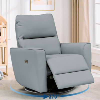 Power Swivel Recliner Chair with Charging Port - PU Leather Upholstered Glider, Adjustable Footrest & Curved Armrest for Living Room, Office, Bedroom (Gray)