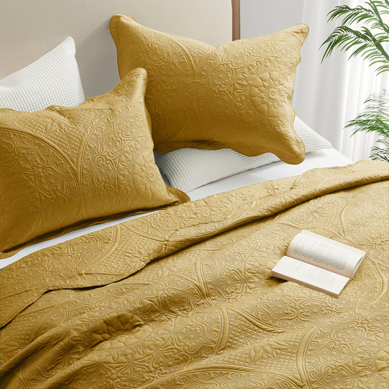 Ensemble de couvre-lit matelassé réversible léger toutes saisons avec taies décoratives, Ocre